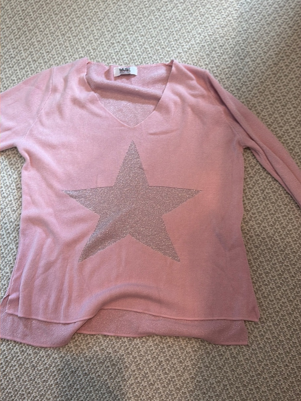 Must Boutique Pink V-Neck Sweater with Metallic Star Detail